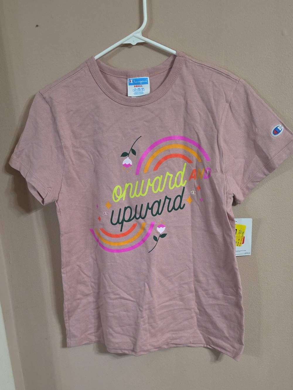 Champion Pink Short-Sleeve Tee with Rainbow Graphic